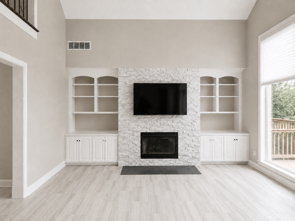 Completed fireplace and custom built-in remodeling project by AJC General Contracting