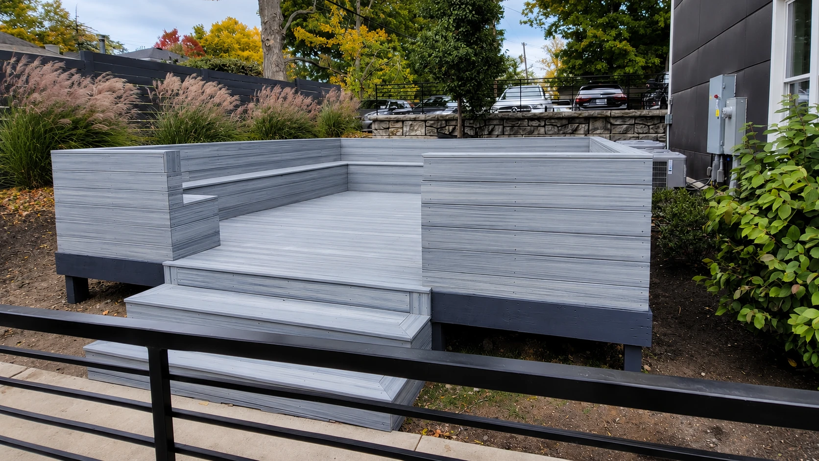 Finished composite deck with built-in seating