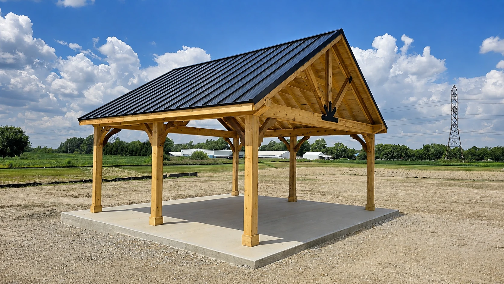 Completed timber pavilion with a metal roof